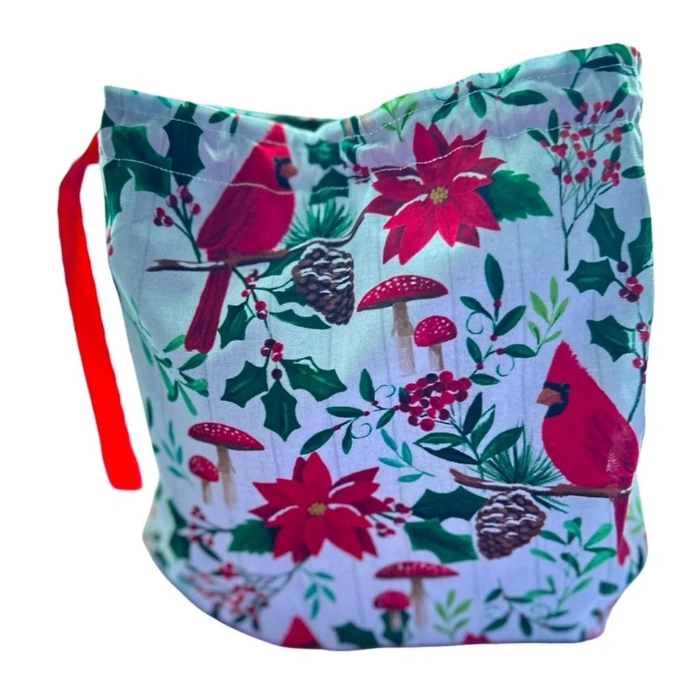 Hand Crafted Red Cardinals Holiday Festive Reusable Fabric Gift Bag